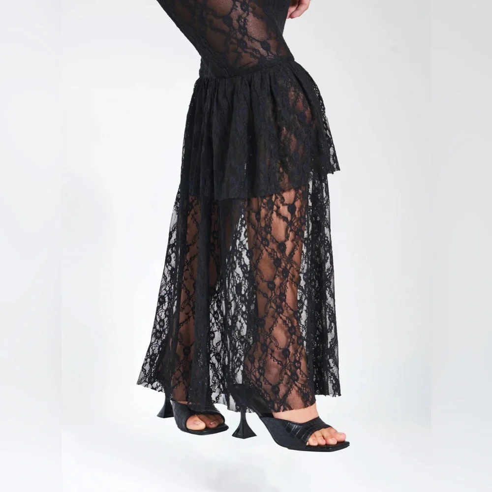 Miss Circle Quennell Black Lace mesh Ruffle Corset formal Maxi Dress - Picture 5 of 11